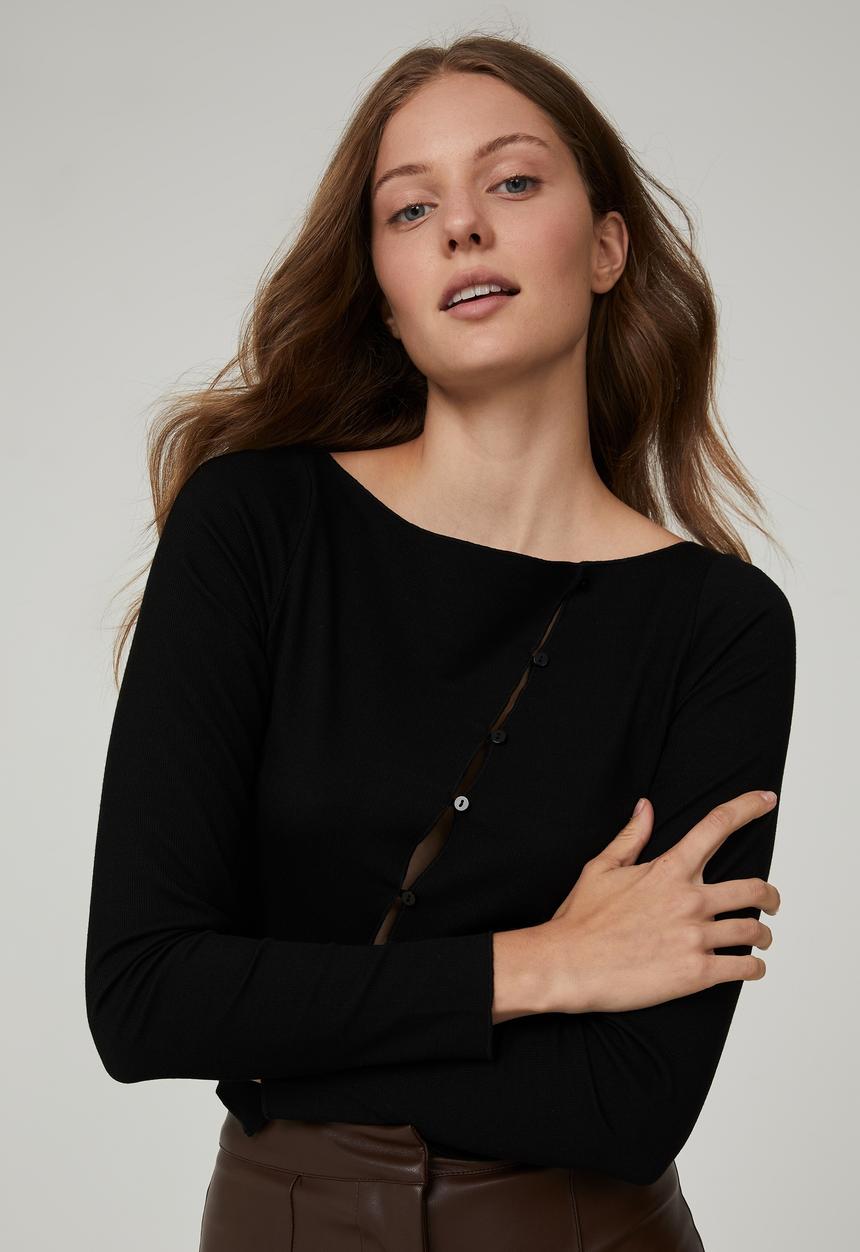 Cotton On - Natalia asymmetric button down long sleeve top - black
