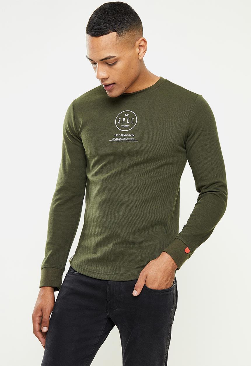 S.P.C.C - Lamont slimline fit long sleeve scooped hem top  - dark moss