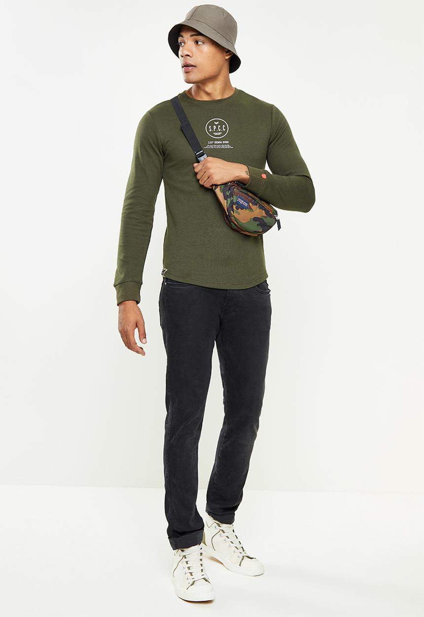 S.P.C.C - Lamont slimline fit long sleeve scooped hem top  - dark moss