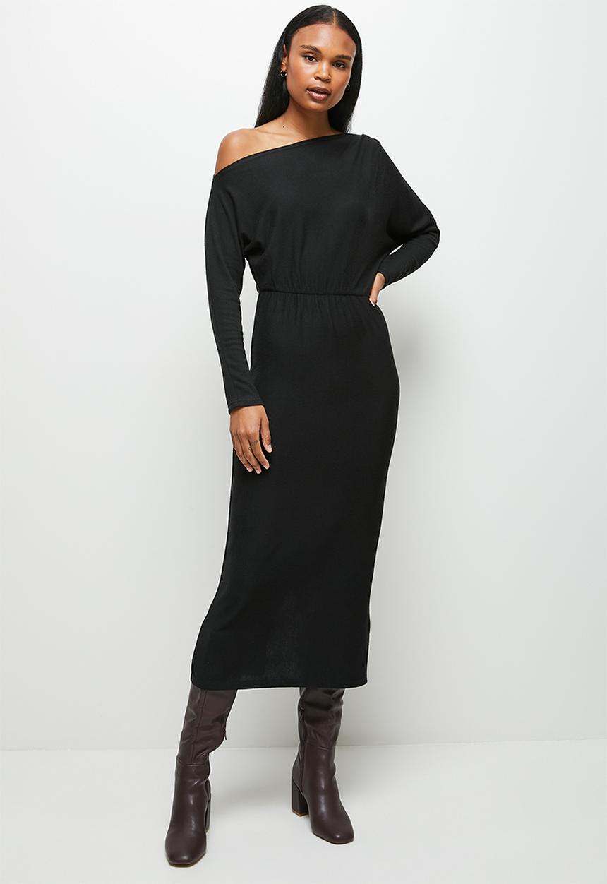 MILLA - Slash neck soft touch dress  - black