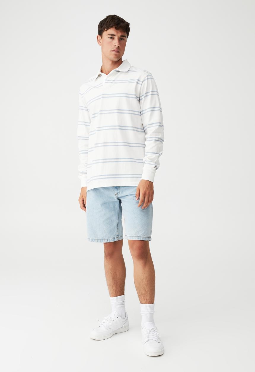 Cotton On - Rugby long sleeve polo - sky blue double stripe
