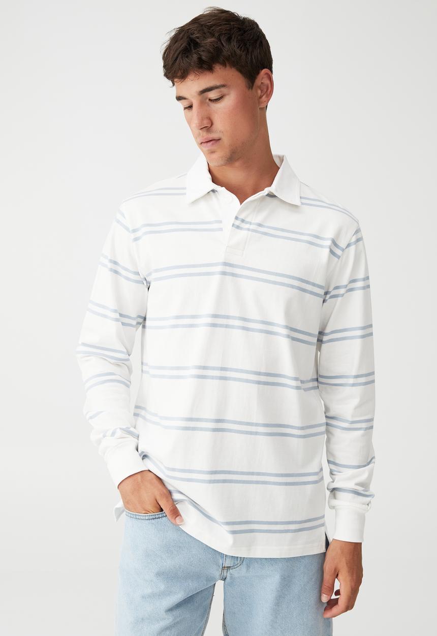 Cotton On - Rugby long sleeve polo - sky blue double stripe