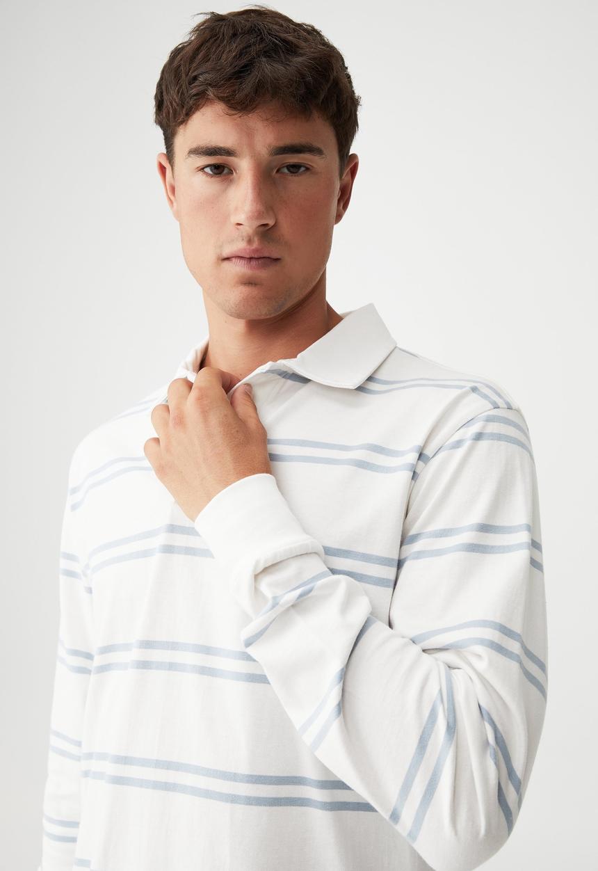 Cotton On - Rugby long sleeve polo - sky blue double stripe