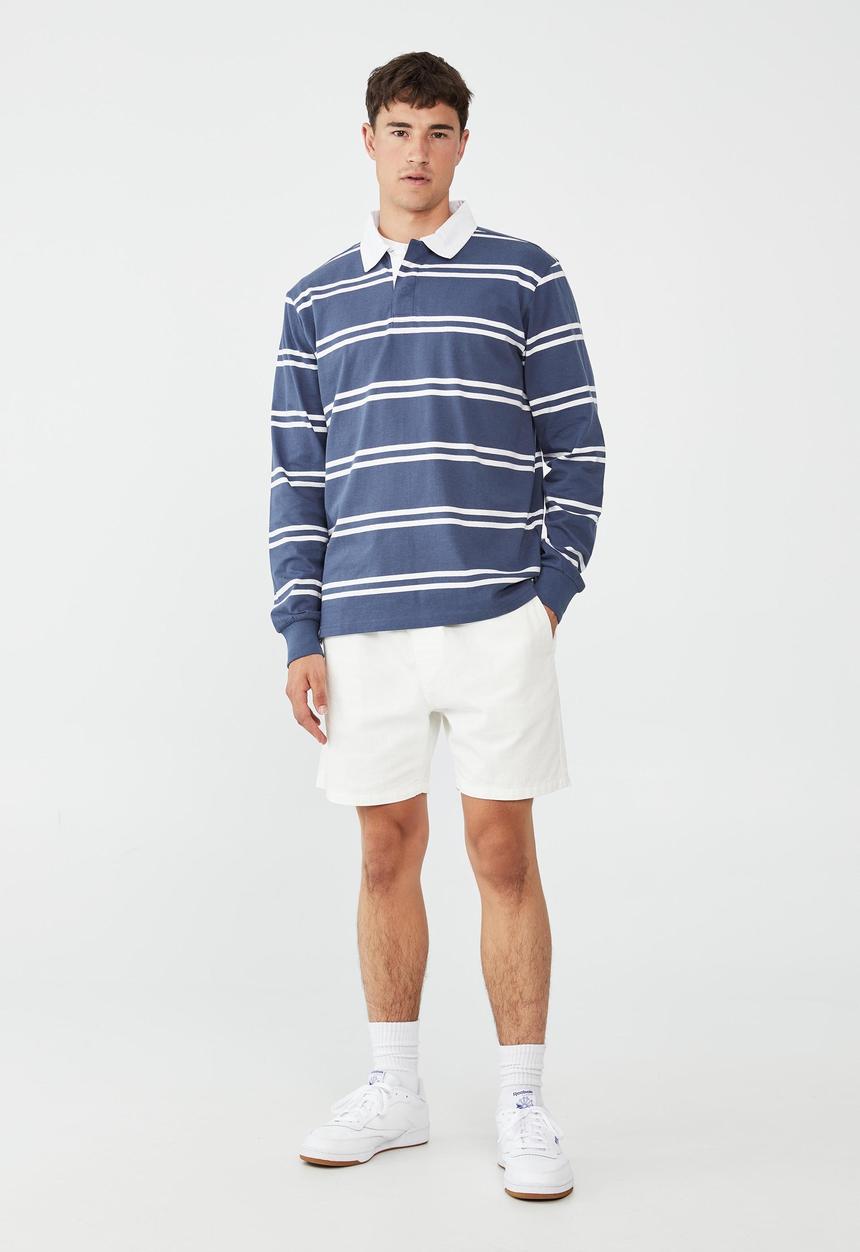Cotton On - Rugby long sleeve polo - moonlight blue double stripe