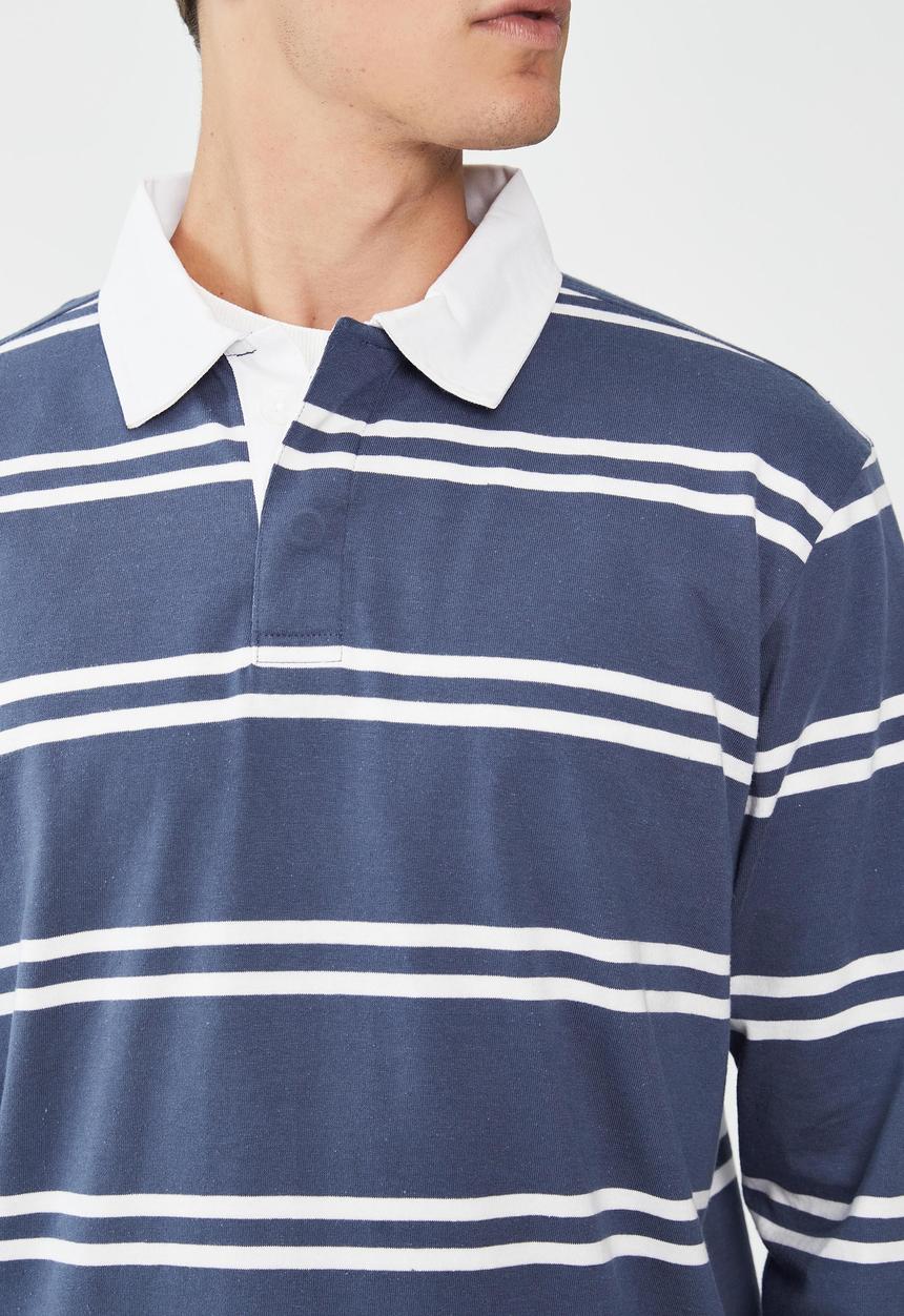 Cotton On - Rugby long sleeve polo - moonlight blue double stripe