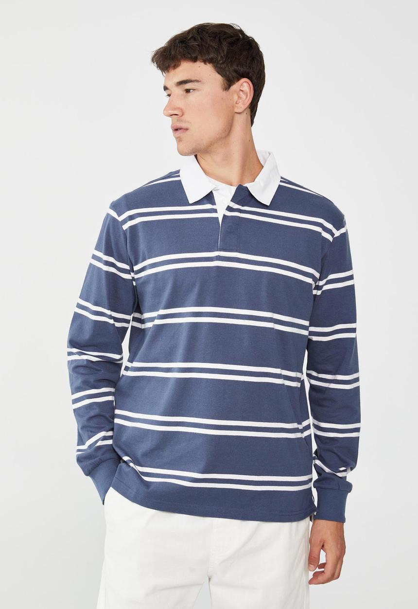 Cotton On - Rugby long sleeve polo - moonlight blue double stripe