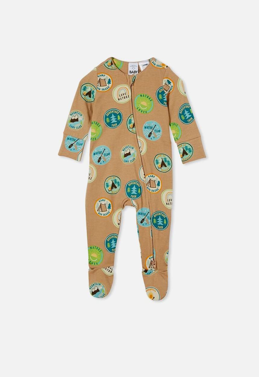 Cotton On - The long sleeve zip romper - taupy brown/vintage patches