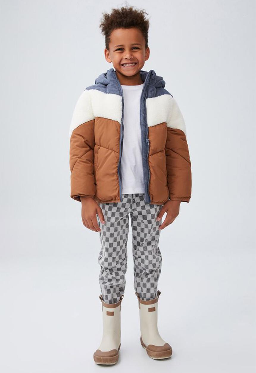 Cotton On - Frankie spliced puffer jacket - vintage navy & cord sherpa