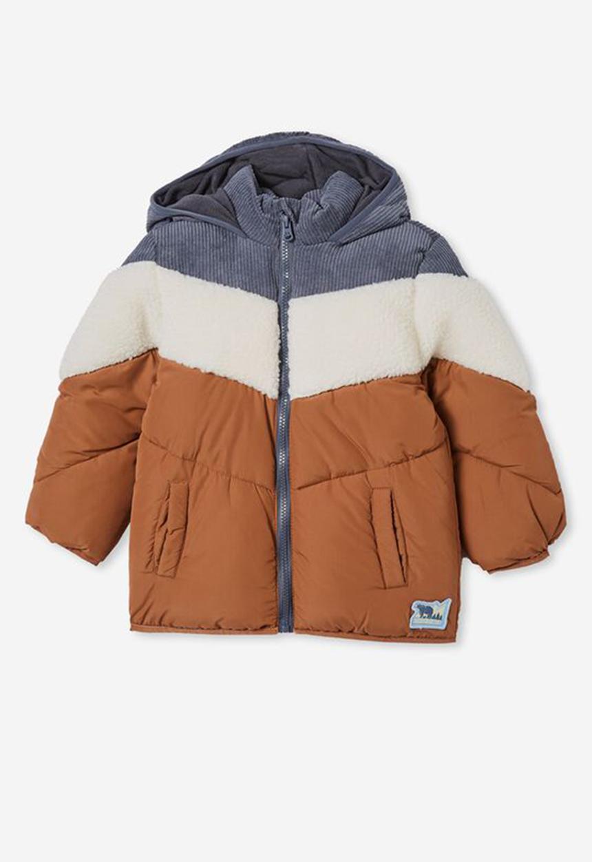 Cotton On - Frankie spliced puffer jacket - vintage navy & cord sherpa