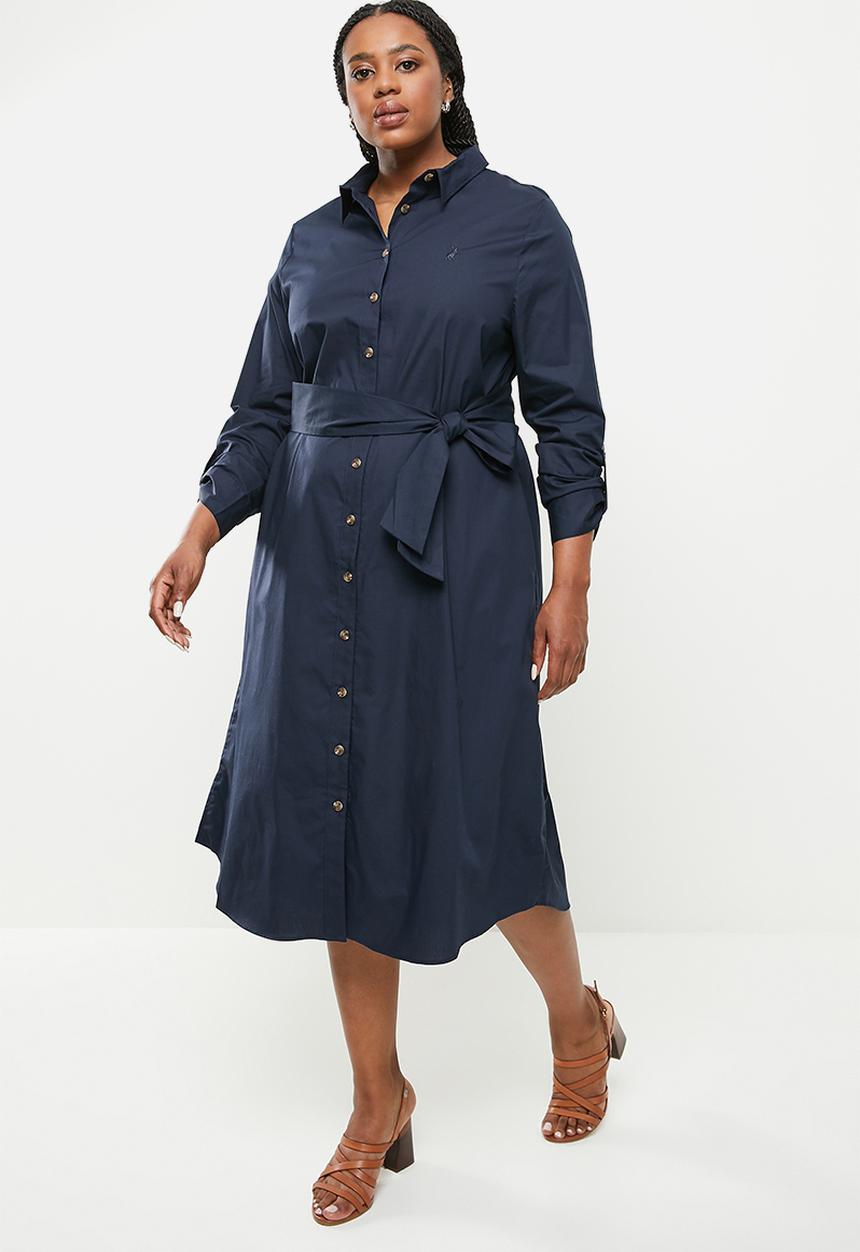 POLO - Plus woman long sleeve belted shirt dress - navy