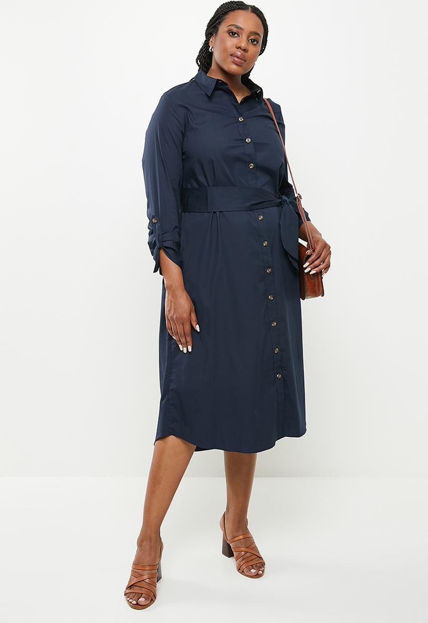 POLO - Plus woman long sleeve belted shirt dress - navy
