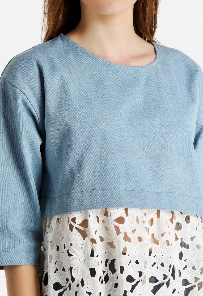 Dahlia - Oversized Denim Top with Lace Hem