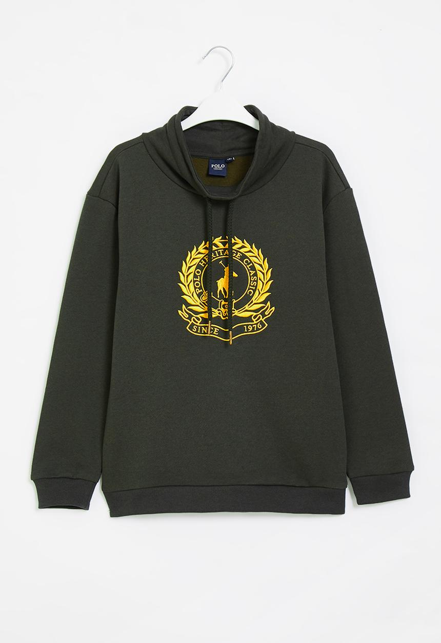 POLO - Boys high neck crested sweater - olive