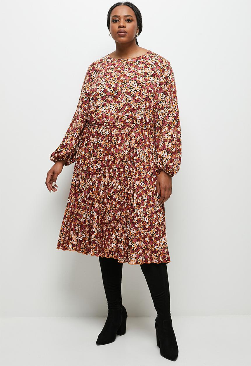 edit Plus - Pleated midi dress - black ground mini print