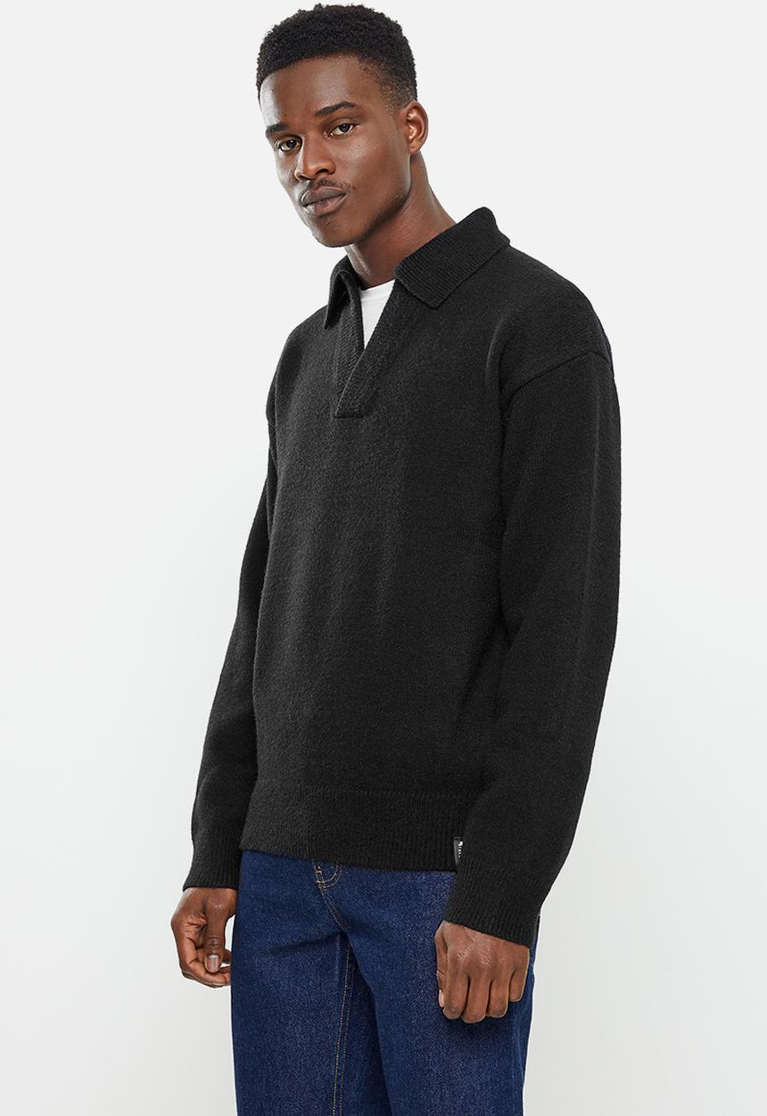 Jonathan D - Cole Knitted Oversized Jumper with Polo Collar - Black
