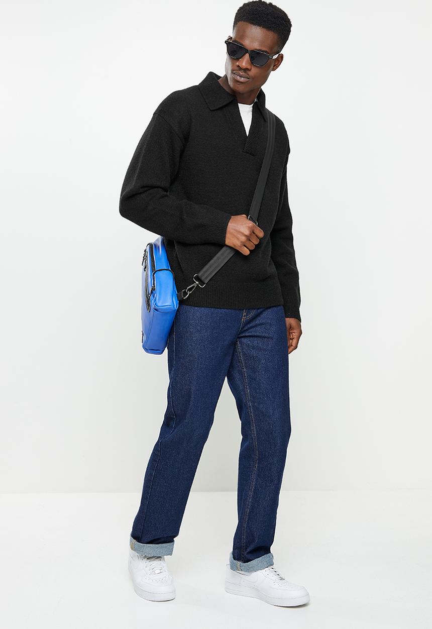 Jonathan D - Cole Knitted Oversized Jumper with Polo Collar - Black