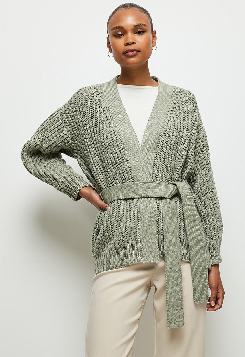 edit - Chunky knit belted cardigan - dusty sage