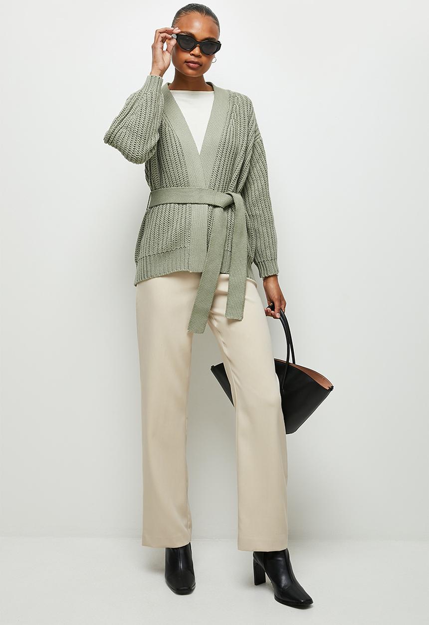 edit - Chunky knit belted cardigan - dusty sage
