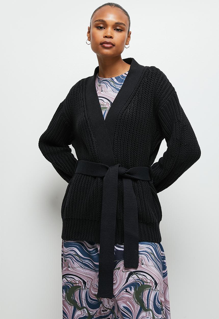 edit - Chunky knit belted cardigan - black