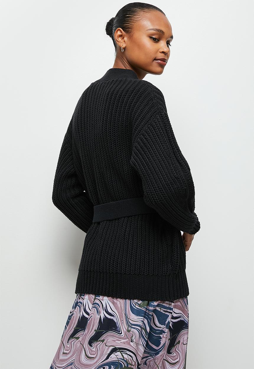 edit - Chunky knit belted cardigan - black