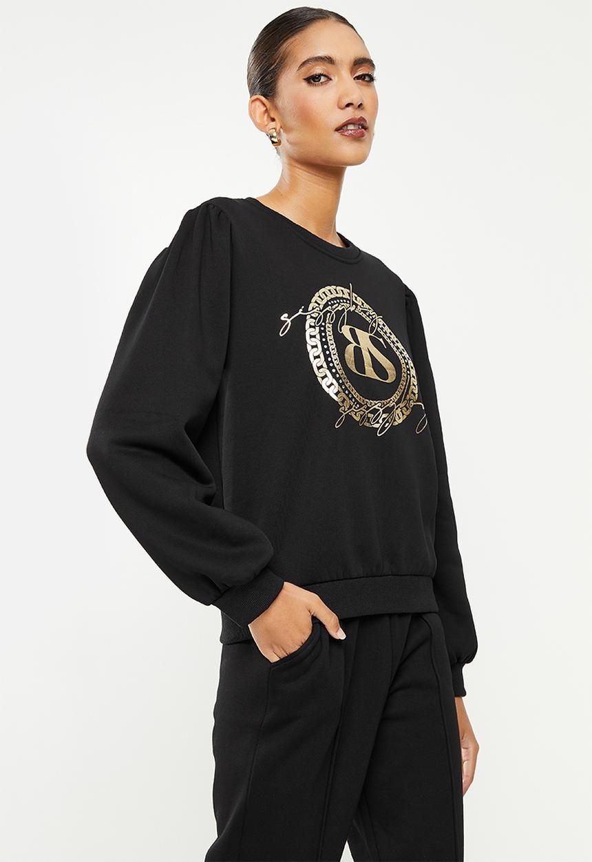 SISSY BOY - Crew neck long sleeve sweater with mixed prints and bling logo - black