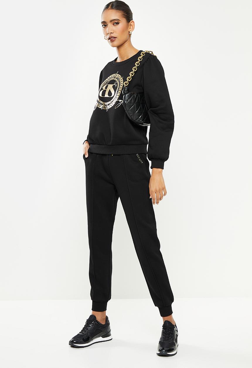 SISSY BOY - Crew neck long sleeve sweater with mixed prints and bling logo - black