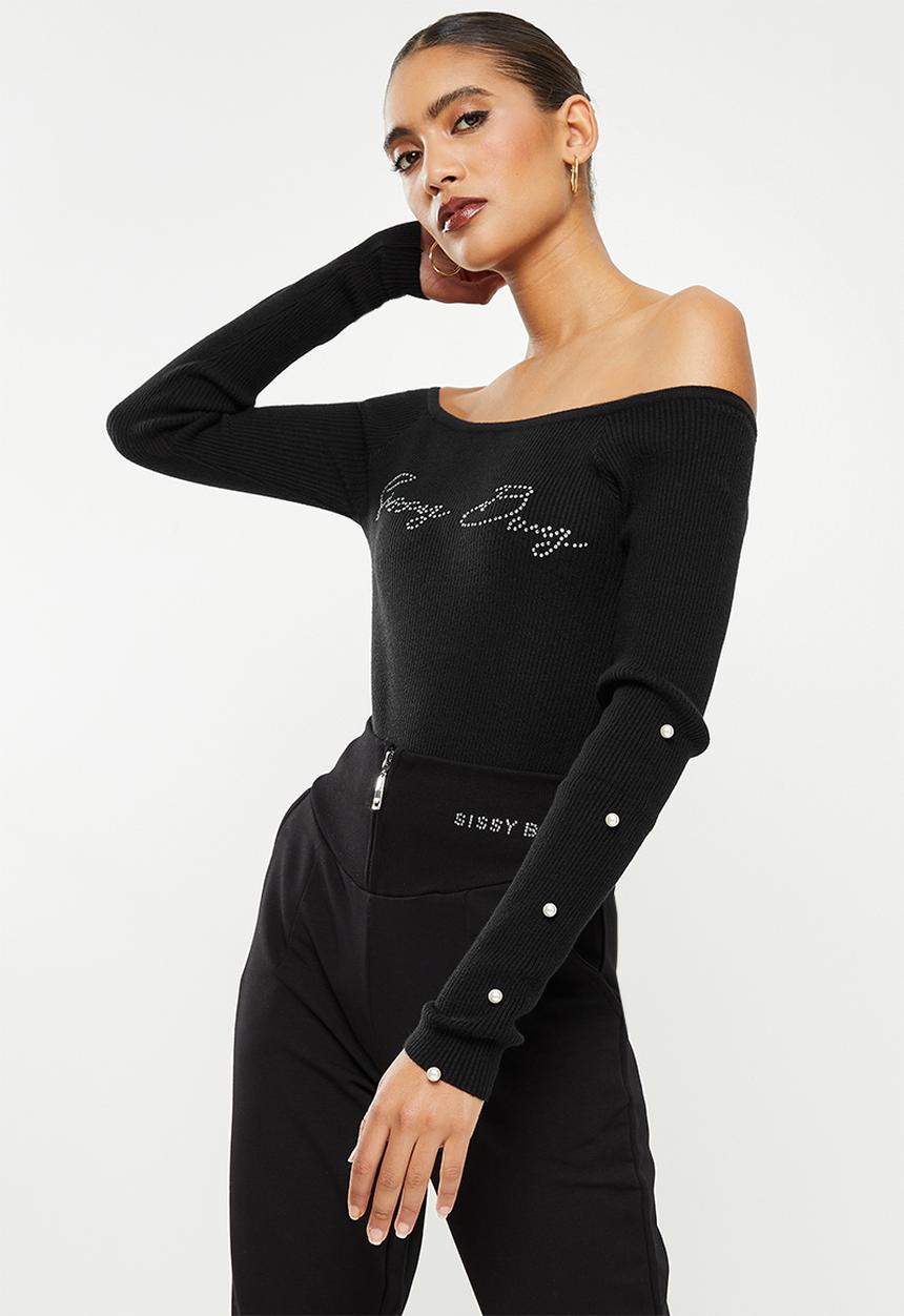 SISSY BOY - Bardot knit crop with bling branding - black