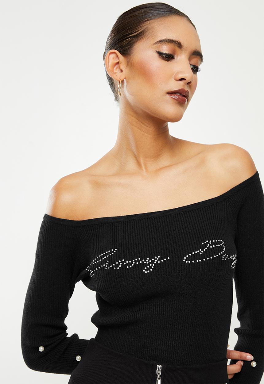 SISSY BOY - Bardot knit crop with bling branding - black