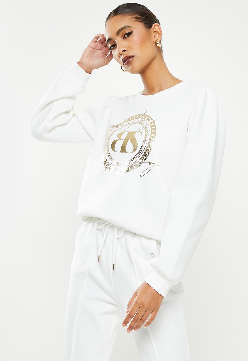SISSY BOY - Crew neck long sleeve sweater with mixed prints and bling logo - white