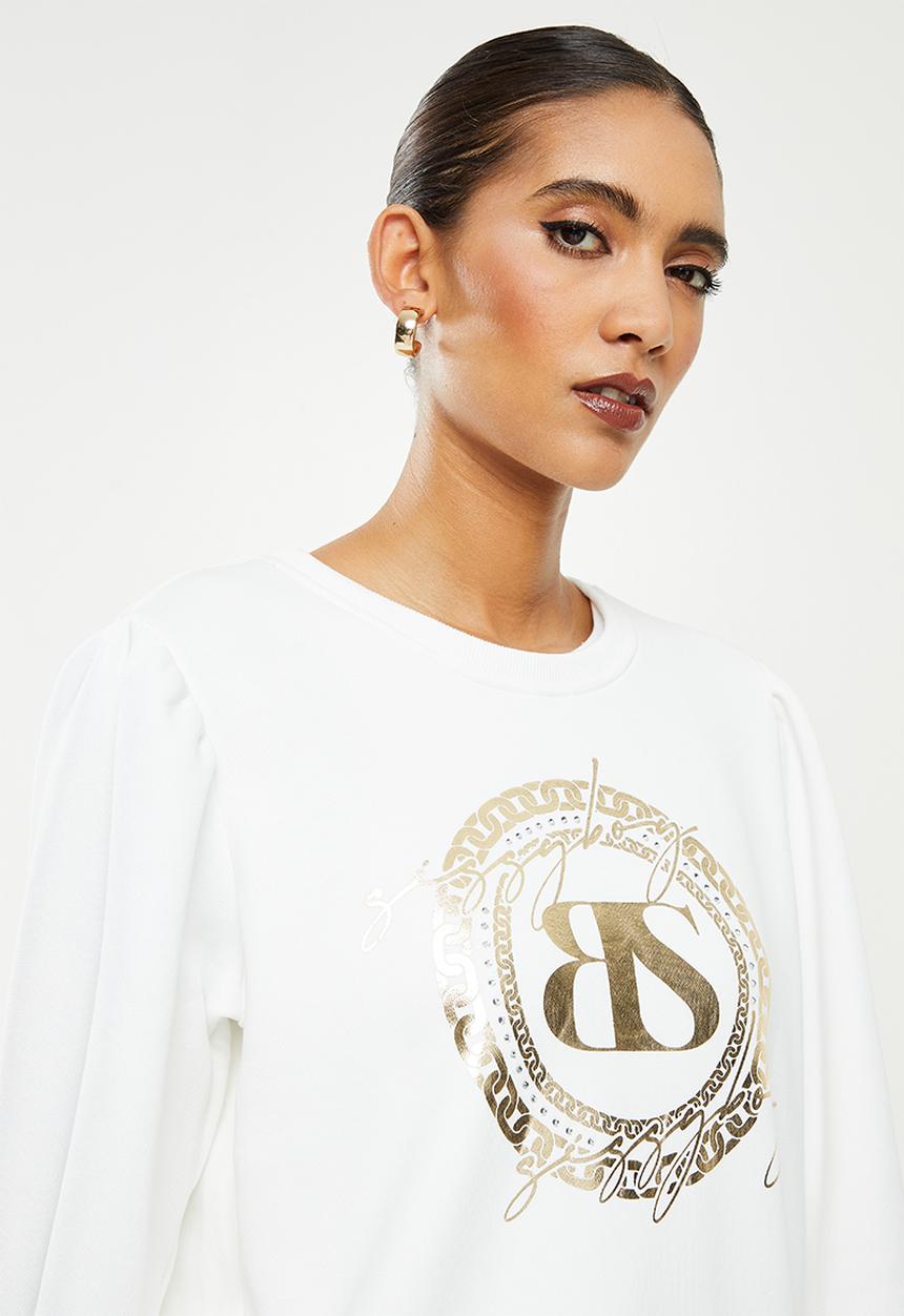 SISSY BOY - Crew neck long sleeve sweater with mixed prints and bling logo - white