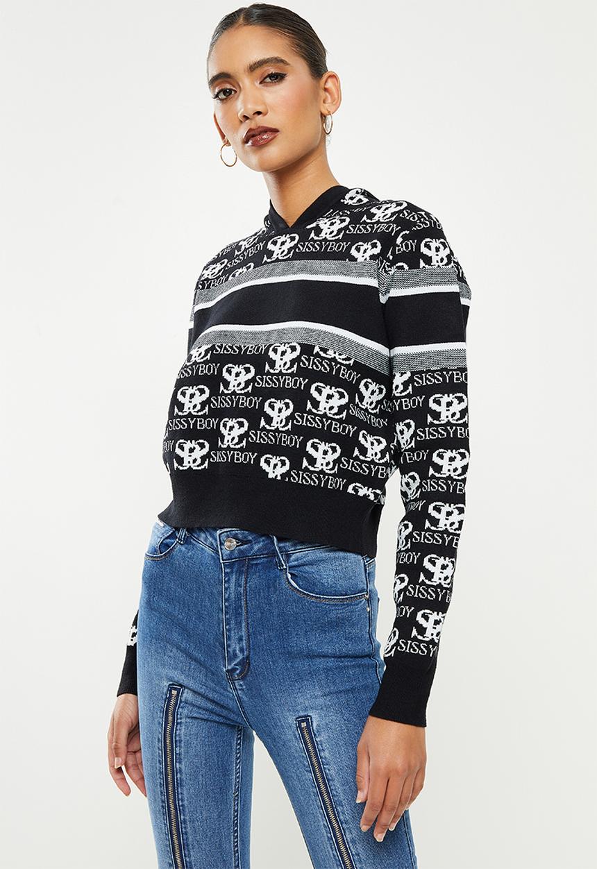 SISSY BOY - Hooded knit track top with all over branding - black & off white