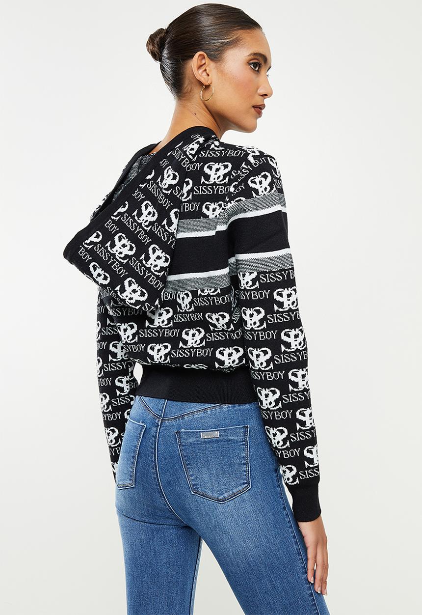 SISSY BOY - Hooded knit track top with all over branding - black & off white