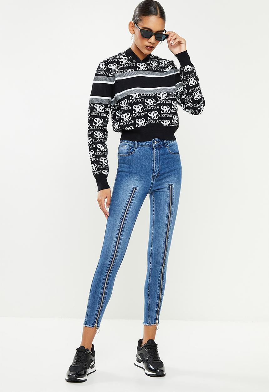 SISSY BOY - Hooded knit track top with all over branding - black & off white