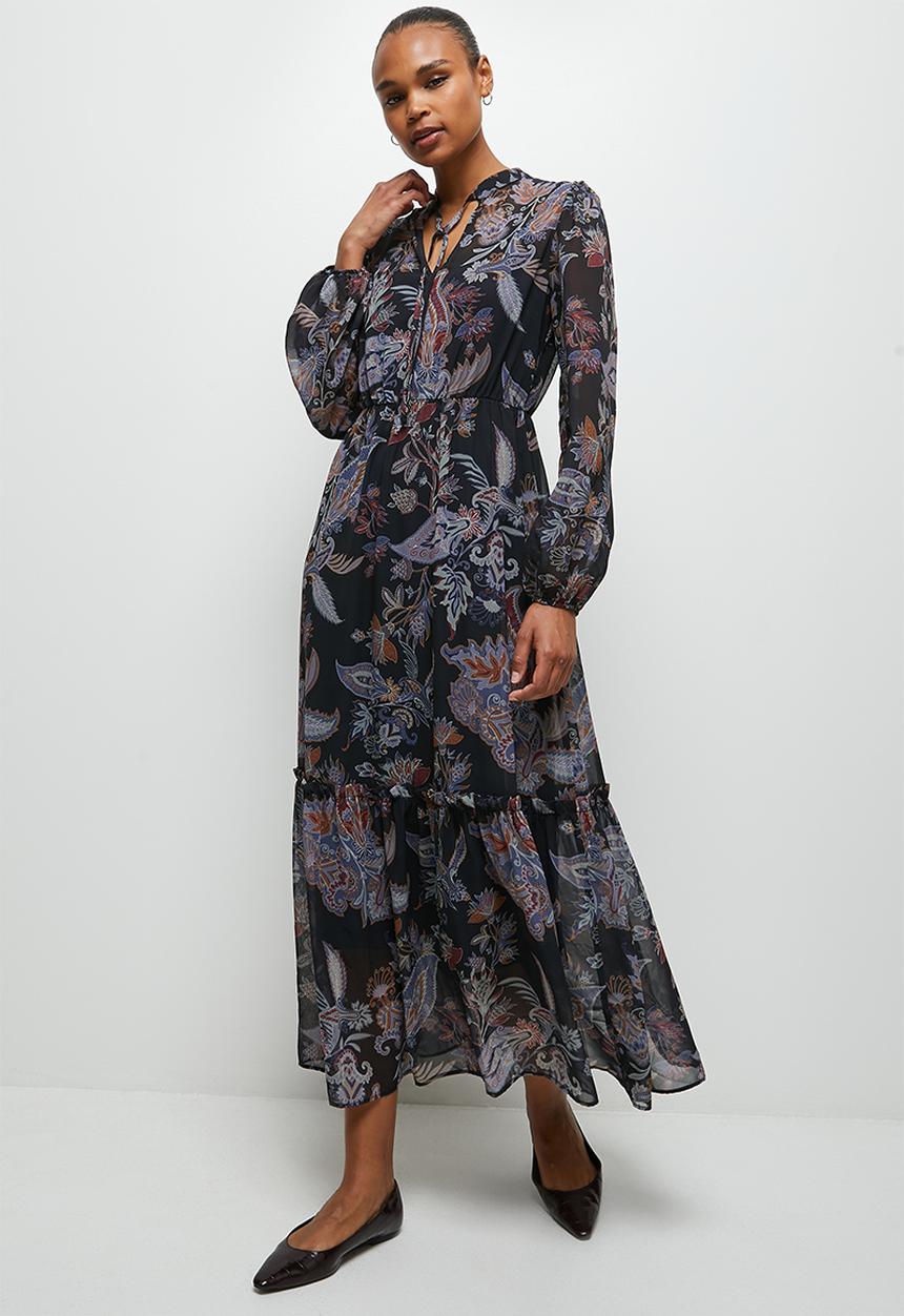 edit - Sheer boho tier maxi dress - navy muted paisley