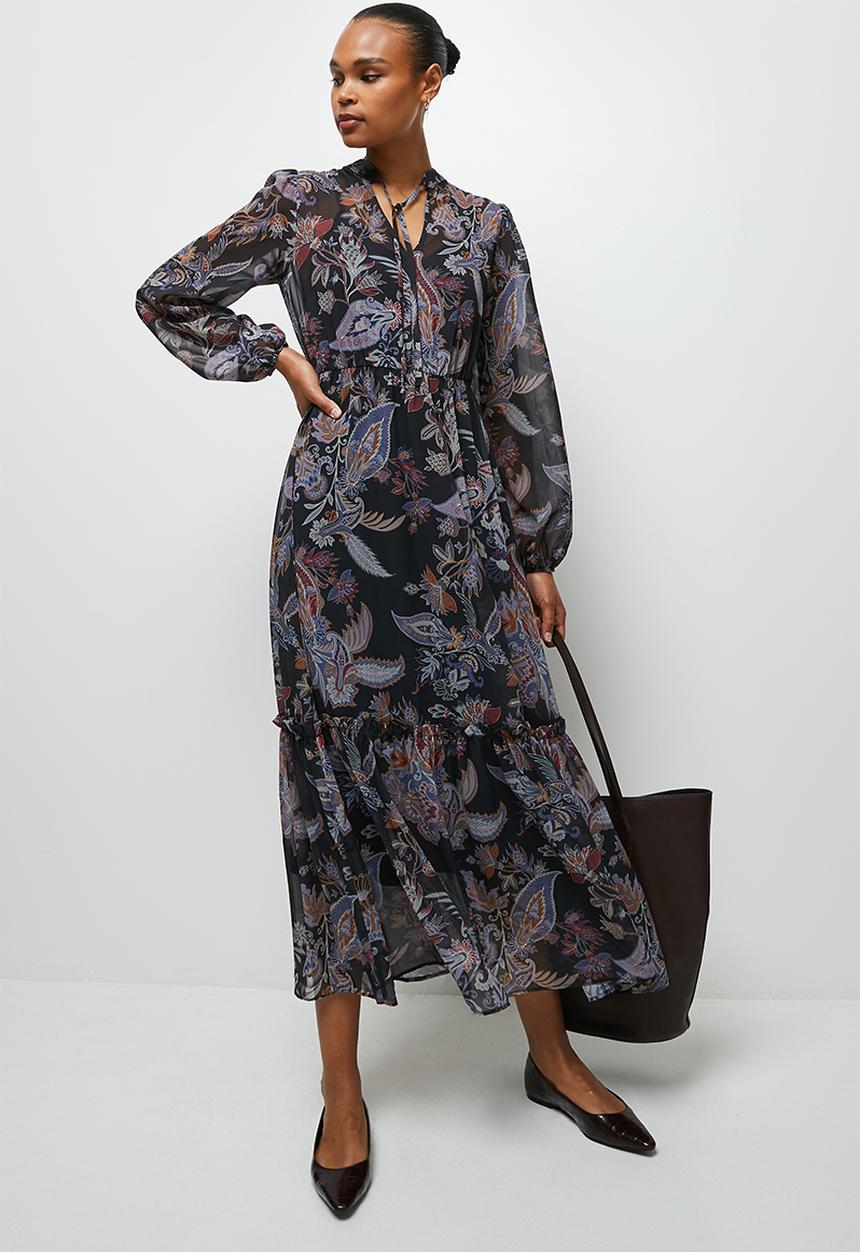 edit - Sheer boho tier maxi dress - navy muted paisley