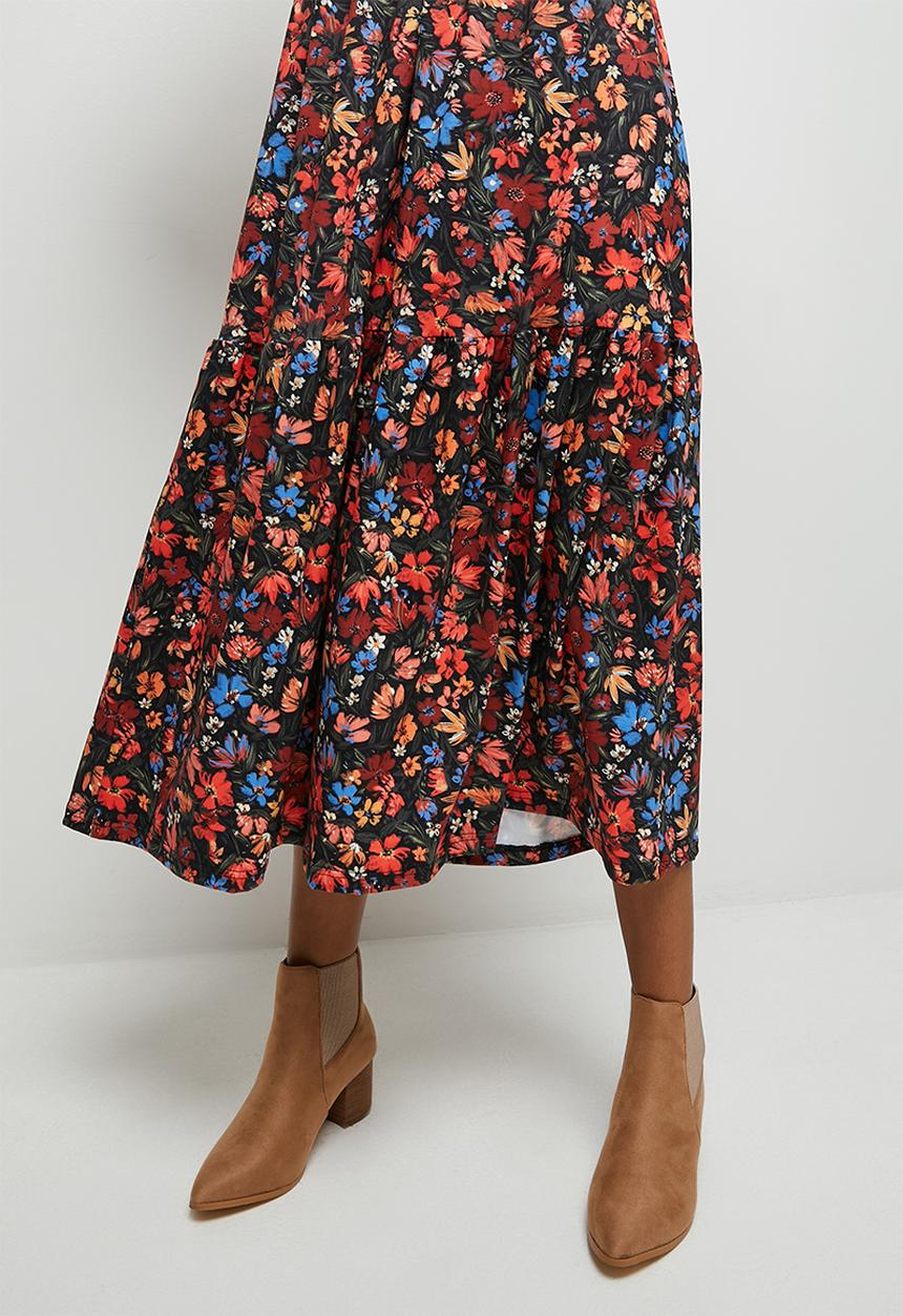edit - Printed knit tiered midi - soft garden floral