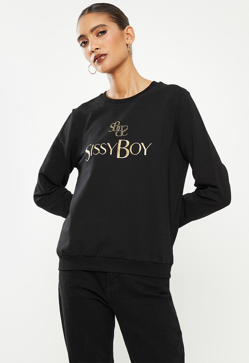 SISSY BOY - Crew neck long sleeve sweater with mixed embroidered and bling logo - black