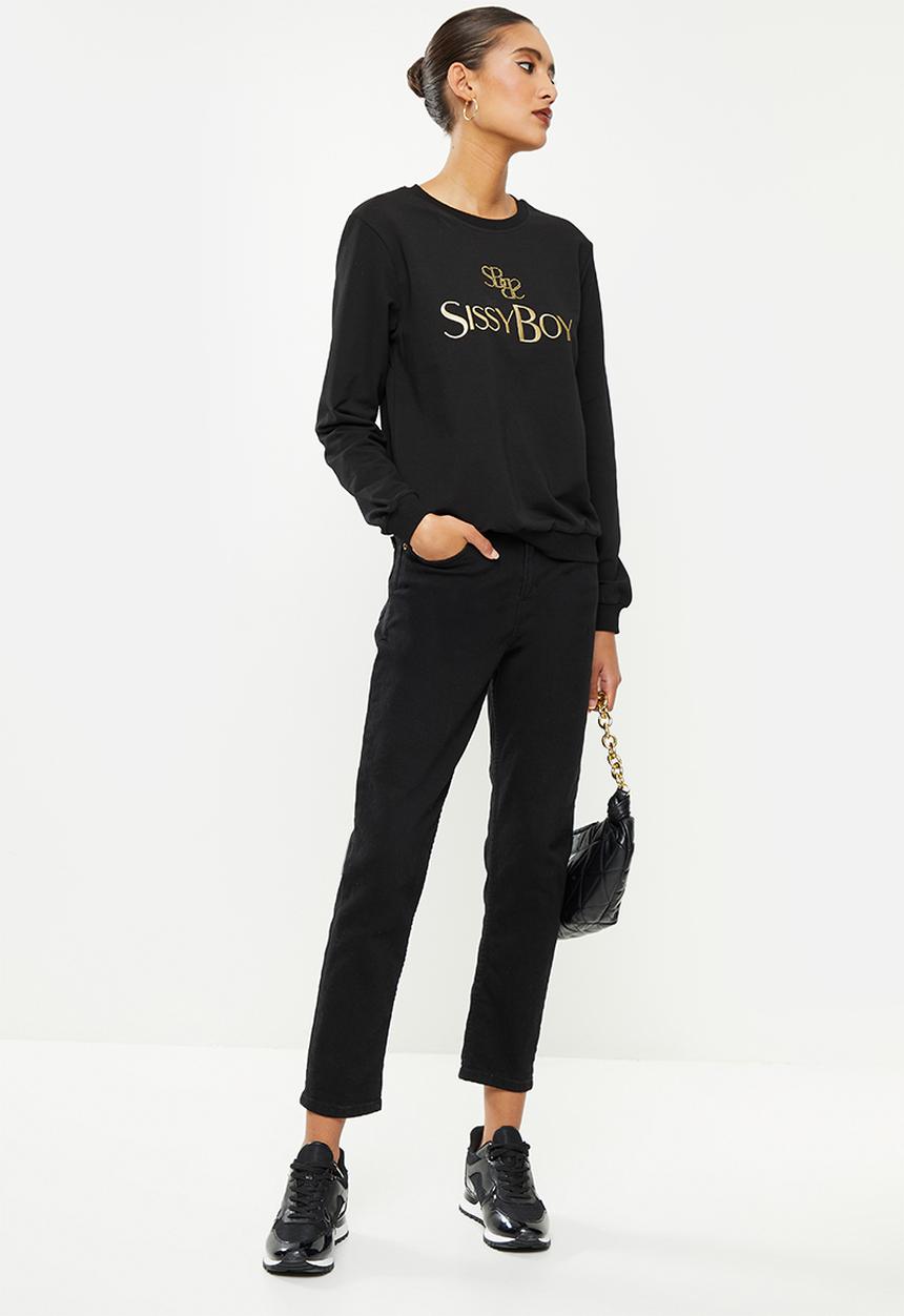 SISSY BOY - Crew neck long sleeve sweater with mixed embroidered and bling logo - black