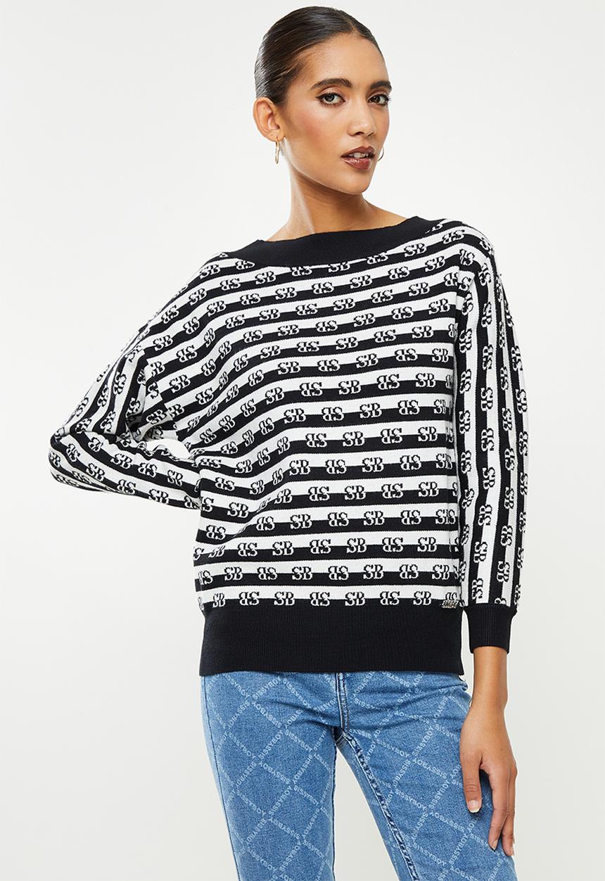 SISSY BOY - Asymmetric off the shoulder stripe branded knit - black & off white