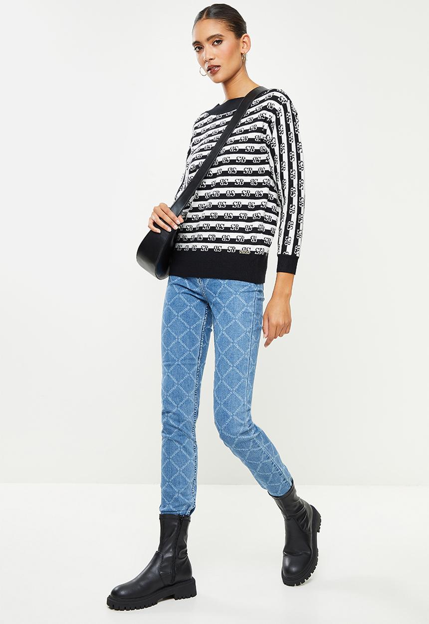 SISSY BOY - Asymmetric off the shoulder stripe branded knit - black & off white