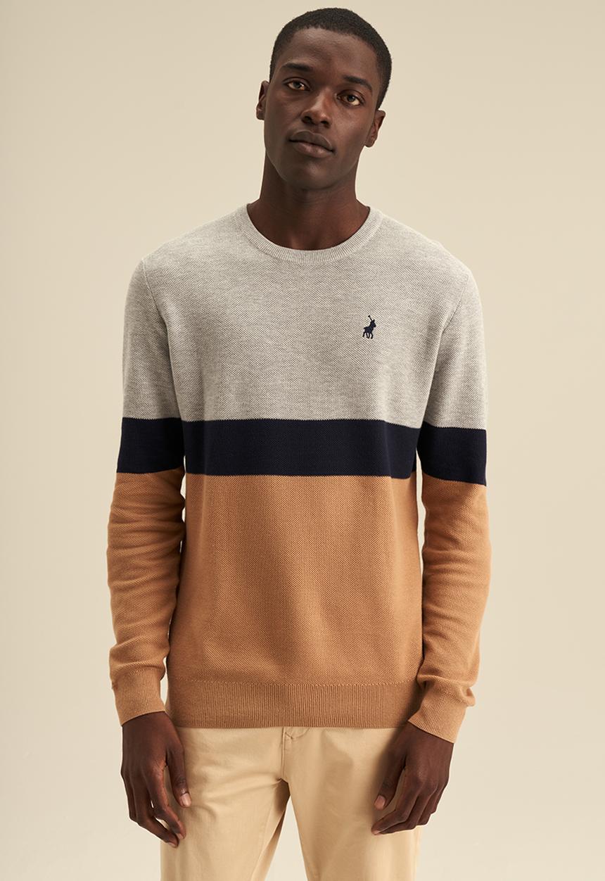 POLO - Textured Striped Block Knitwear - Camel & Grey