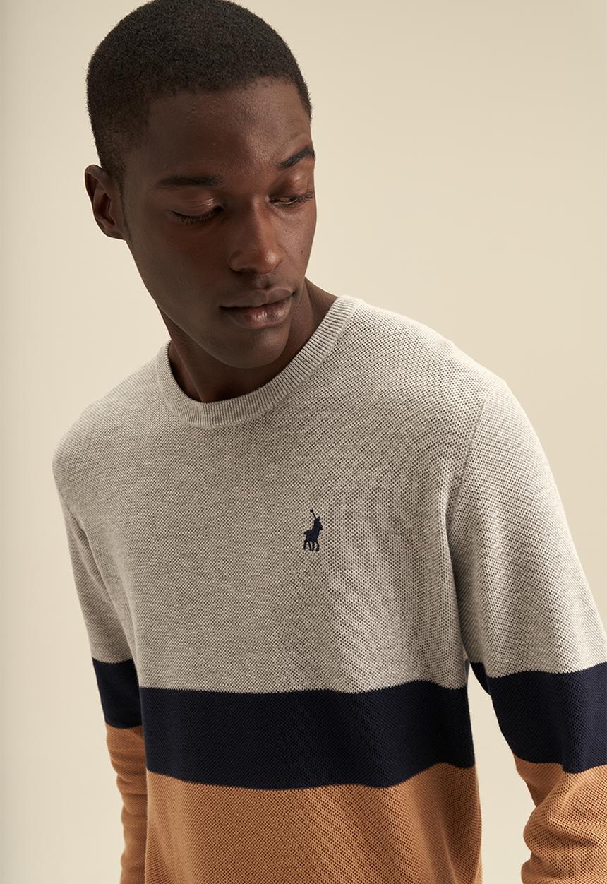 POLO - Textured Striped Block Knitwear - Camel & Grey