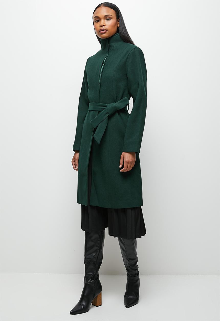 edit - Funnel neck belted melton coat - dark emerald