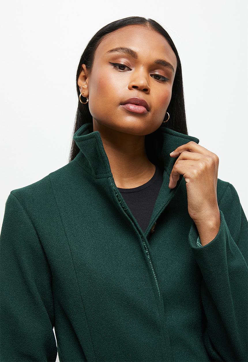 edit - Funnel neck belted melton coat - dark emerald