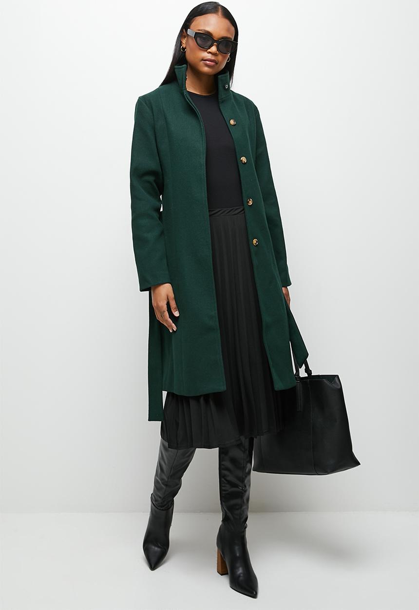 edit - Funnel neck belted melton coat - dark emerald