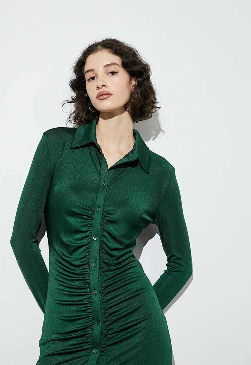 VELVET - Ruched detail mini knit shirt dress - emerald