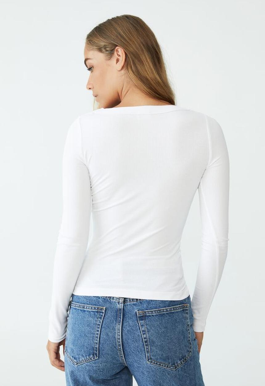 Cotton On - Staple rib scoop neck long sleeve top - white