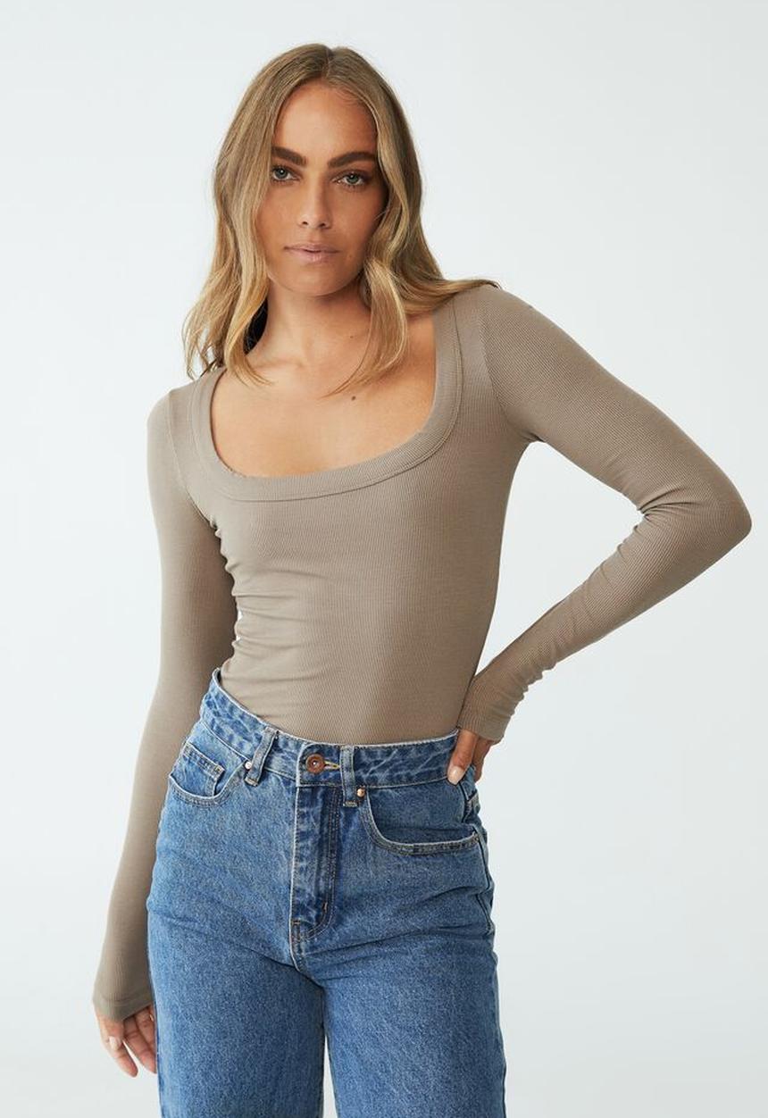 Cotton On - Staple rib scoop neck long sleeve top - rich taupe