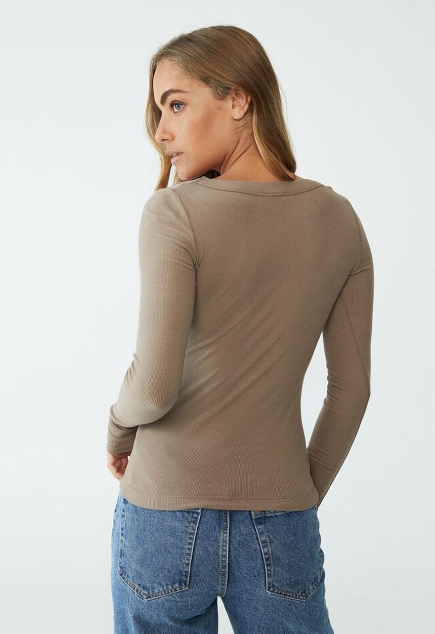 Cotton On - Staple rib scoop neck long sleeve top - rich taupe