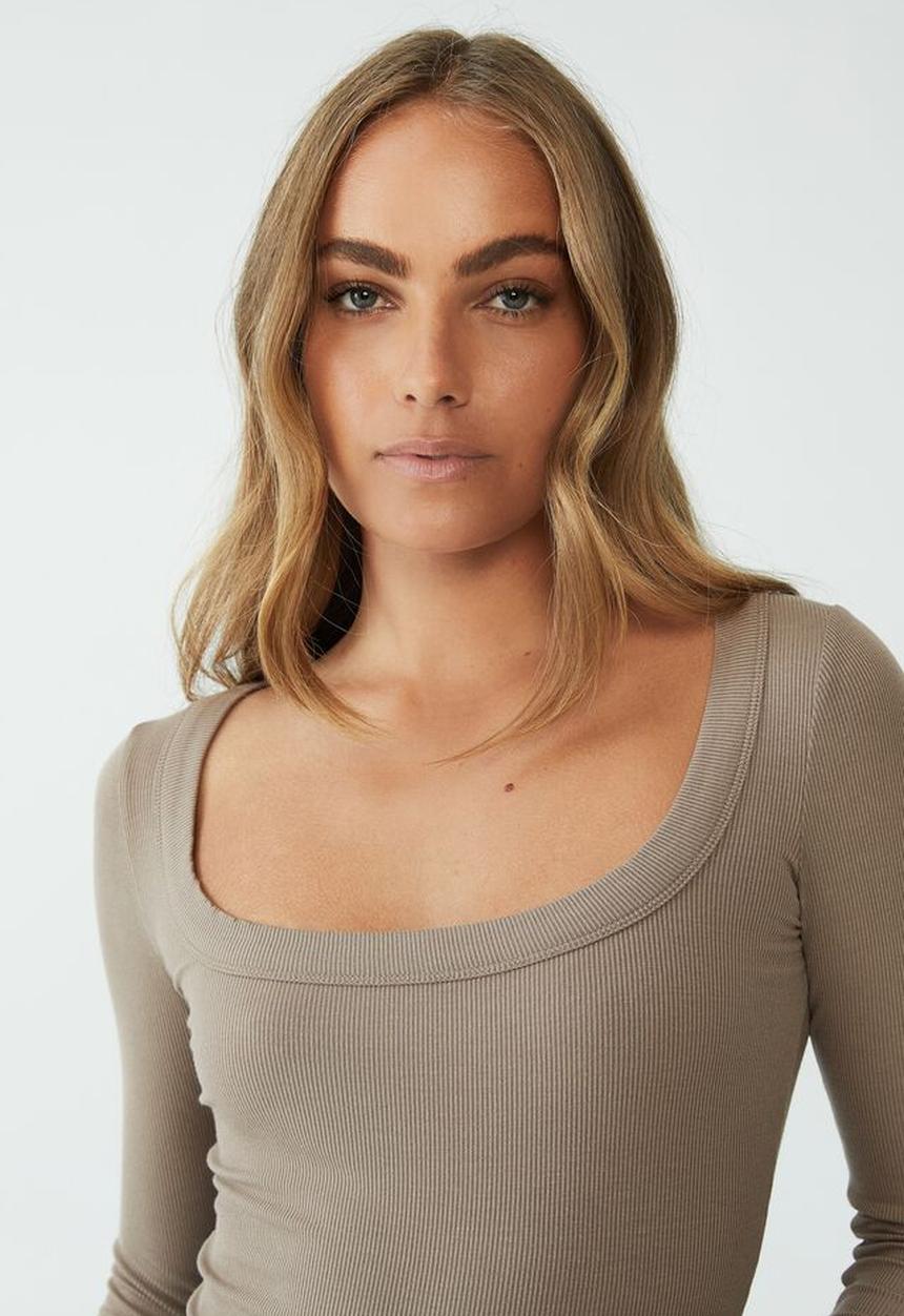 Cotton On - Staple rib scoop neck long sleeve top - rich taupe
